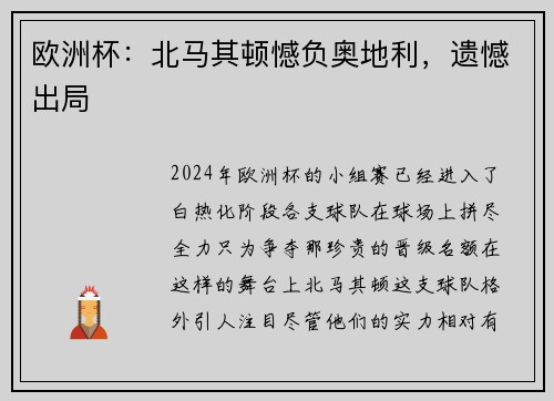 欧洲杯：北马其顿憾负奥地利，遗憾出局