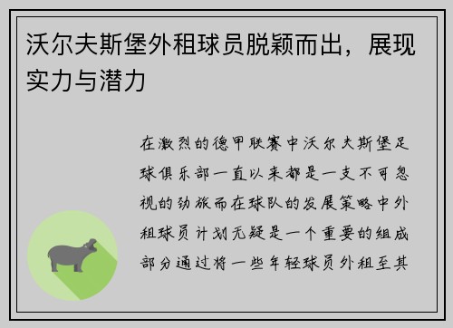 沃尔夫斯堡外租球员脱颖而出，展现实力与潜力