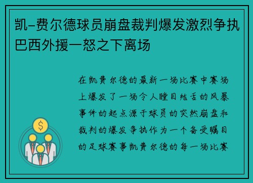 凯-费尔德球员崩盘裁判爆发激烈争执巴西外援一怒之下离场