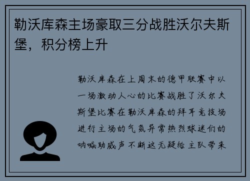 勒沃库森主场豪取三分战胜沃尔夫斯堡，积分榜上升