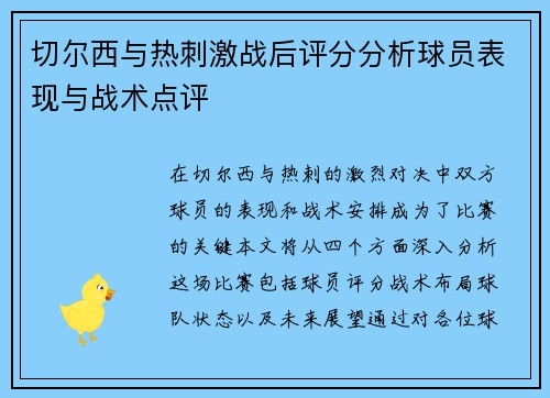 切尔西与热刺激战后评分分析球员表现与战术点评