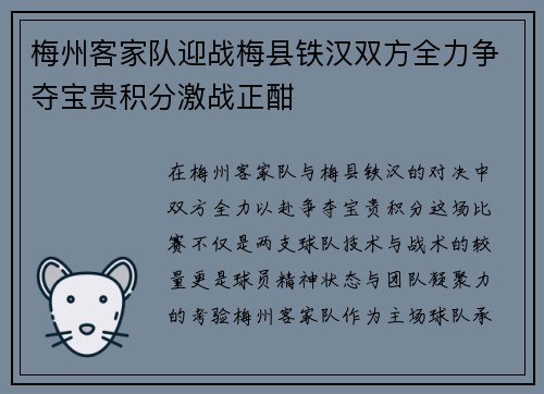 梅州客家队迎战梅县铁汉双方全力争夺宝贵积分激战正酣