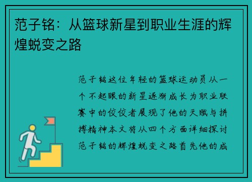范子铭：从篮球新星到职业生涯的辉煌蜕变之路