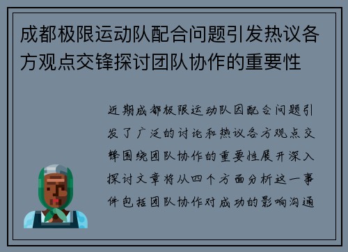 成都极限运动队配合问题引发热议各方观点交锋探讨团队协作的重要性