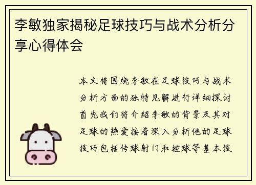 李敏独家揭秘足球技巧与战术分析分享心得体会